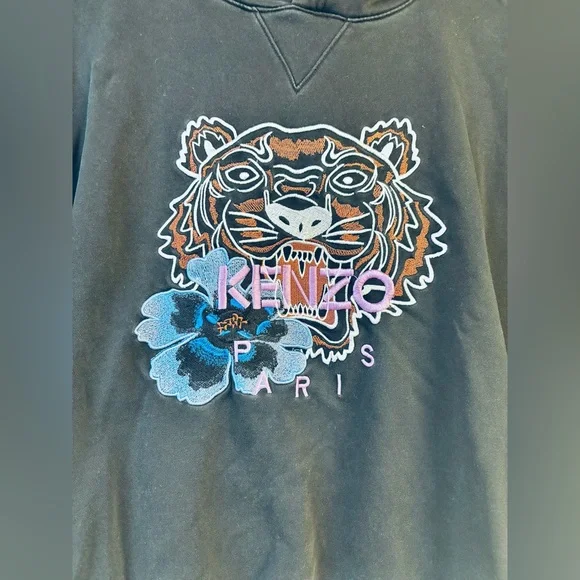 Kenzo Paris Black Tiger Graphic Hoodie with Flower Embroidery Size Small - Picture 3 of 6